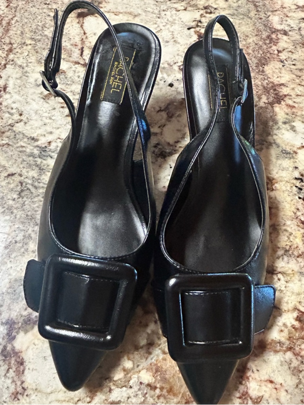 New RACHEL Rachel Roy Black Pointed-Toe Slingback Heels with Square Buckle Sze 8